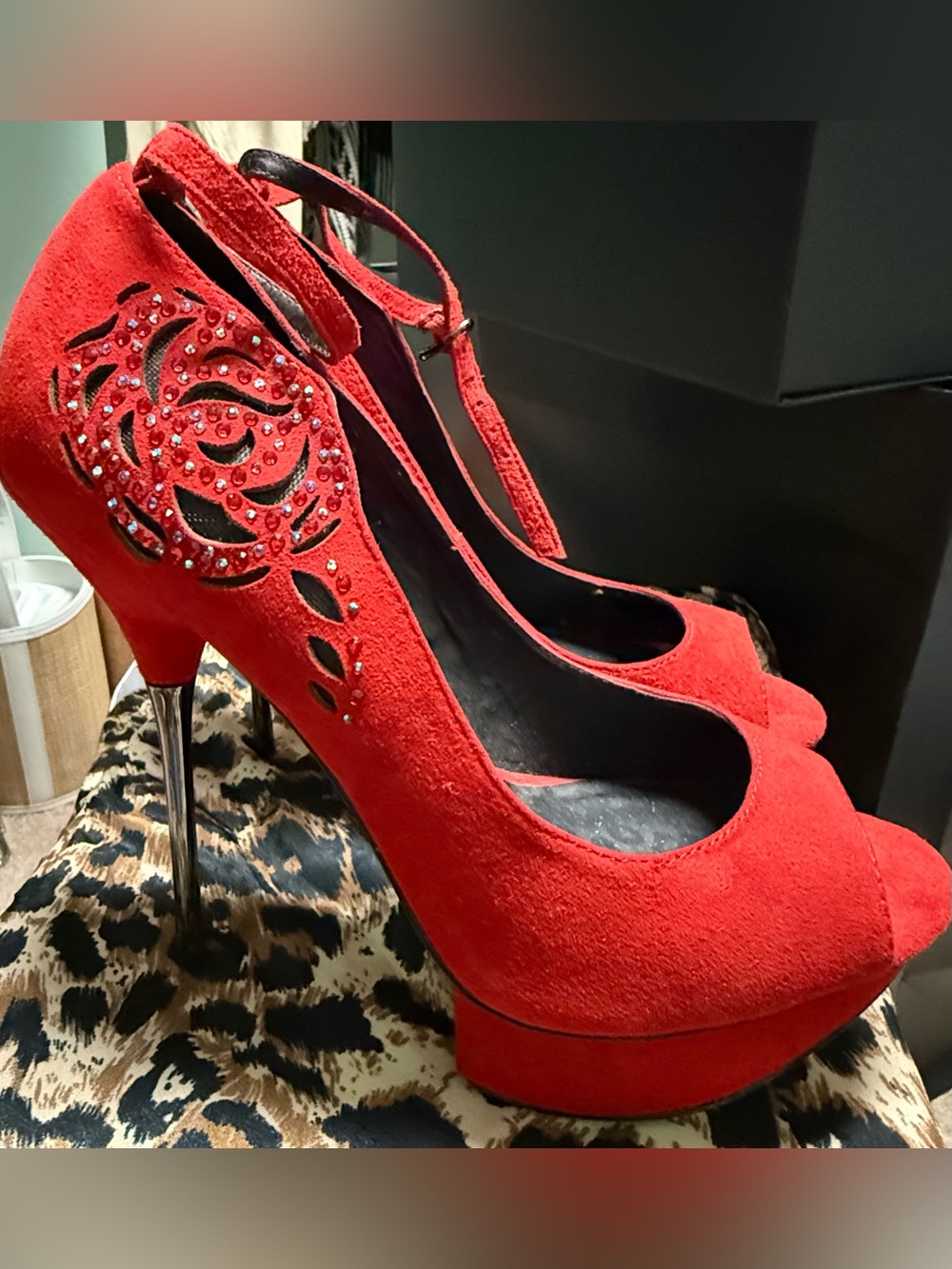 Betsy Johnson Women’s Red Suede Peep-Toe Platform Heels with Ankle Strap